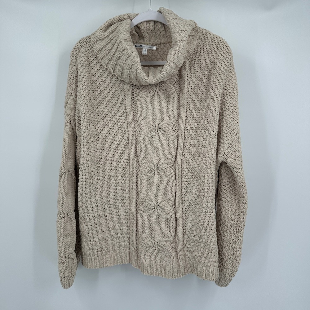Seven7 Womens Old Money Minimalist Chenille Cowl Neck Cable Knit Sweater Size L